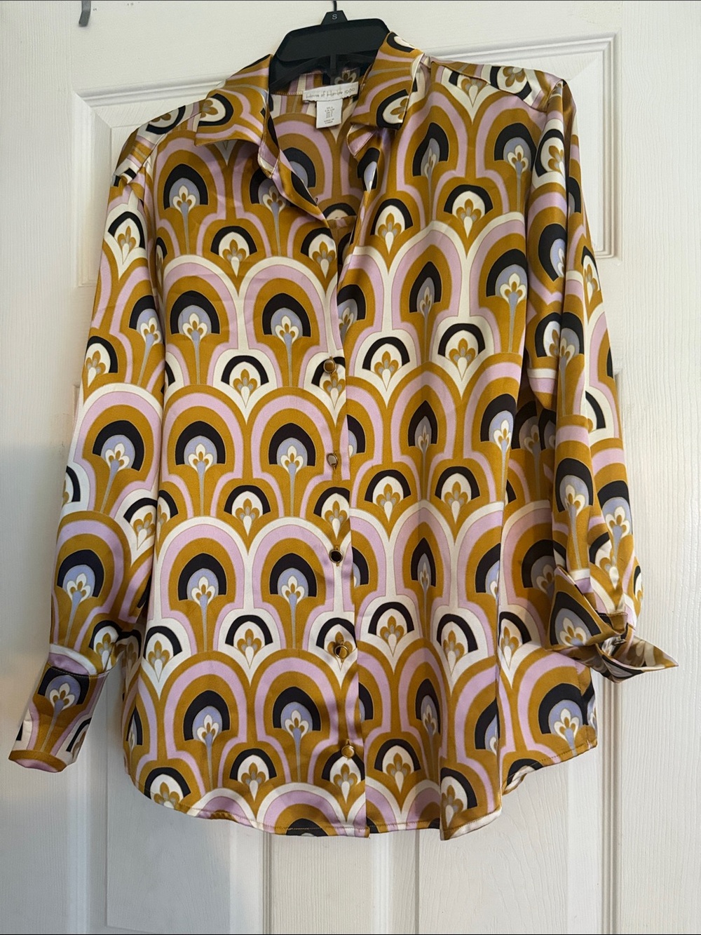 House of Harlow Retro Print Blouse Pink,Mustard,  art deco classic business